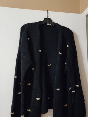 Fanm Mon Black Open Cardigan with Pink Rose Embroidery